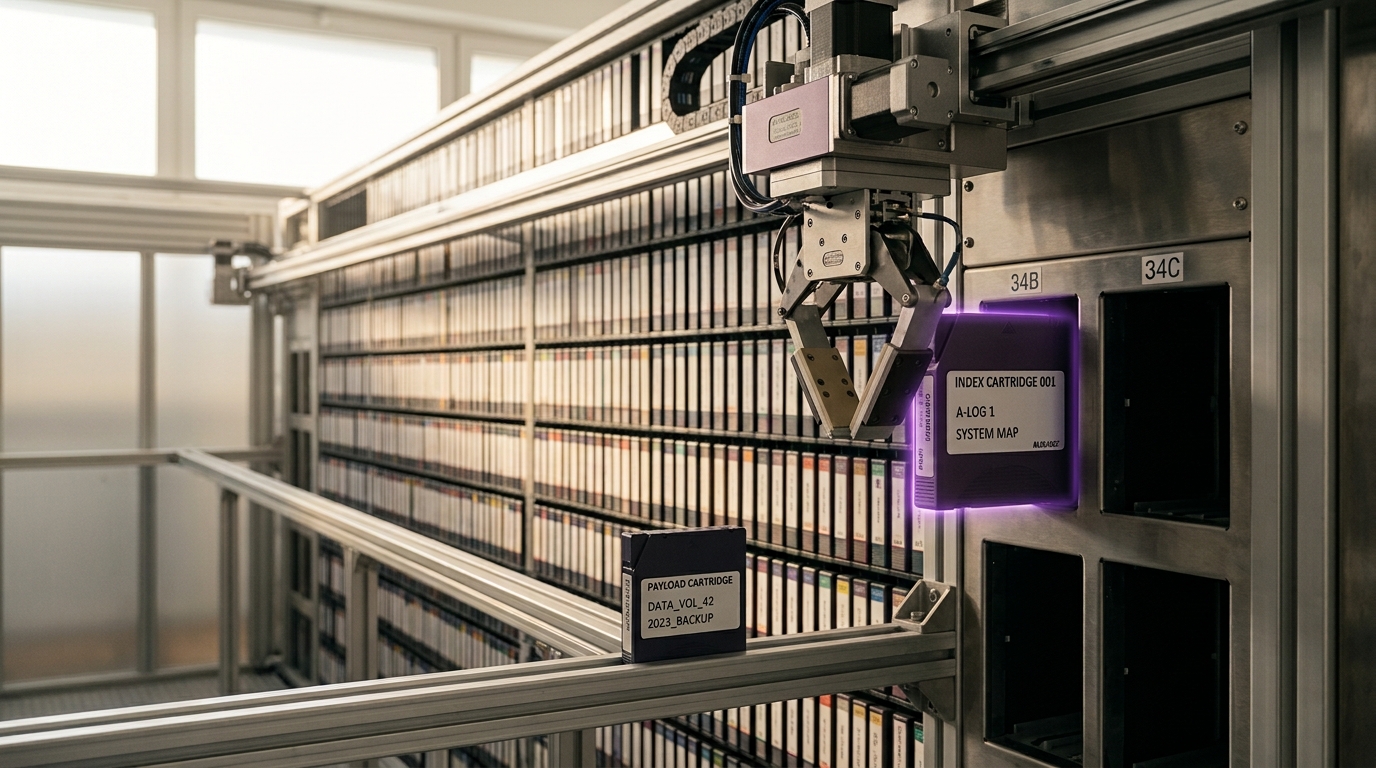 A robotic picker arm in a tape-library vault lifting a labelled index cartridge half clear of a reserved slot while a payload cartridge waits untouched on a queue rail behind it