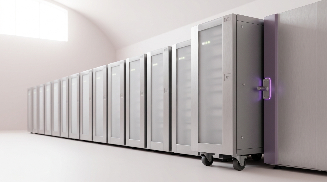 A row of separate tape-library cabinets operating steadily with one additional cabinet module being wheeled into place at the end of the row on its own transit casters