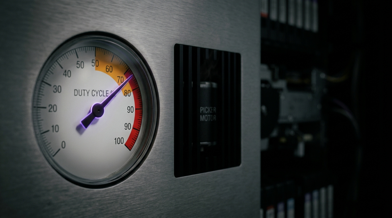 A mechanical duty-cycle gauge on a tape-library controller panel with its needle pressed into the upper amber band while the picker motor housing beside it shows a faint heat shimmer