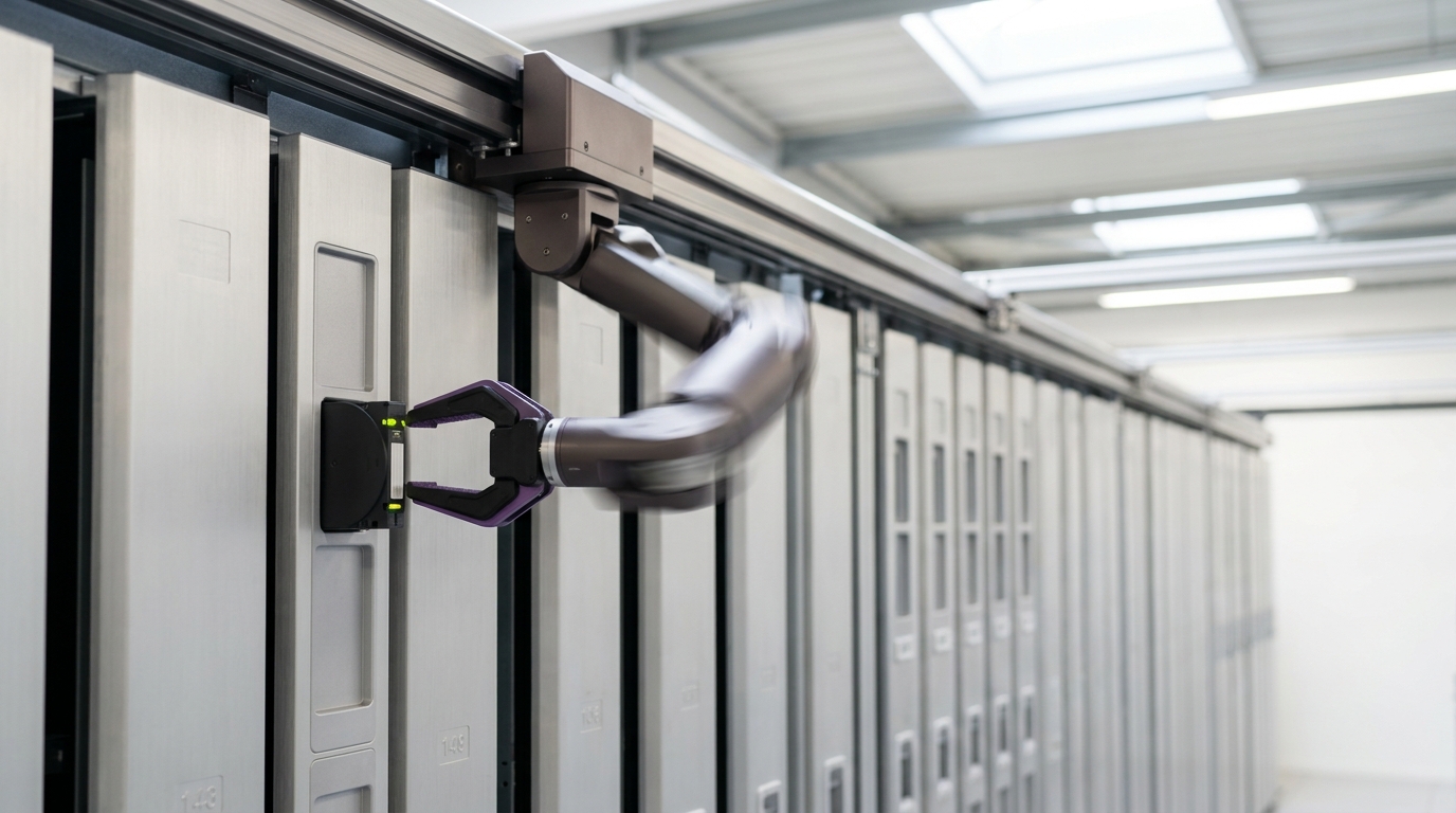 A robotic picker arm setting a tape cartridge back into its home slot while its gripper is already swinging back toward the same cartridge to draw it out again