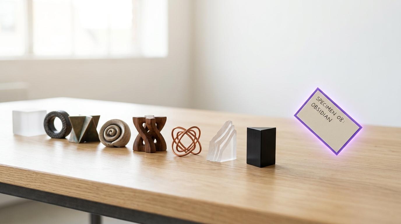 Eight visibly distinct small models arranged on a bright table, no two alike in shape or material, a labelling card caught being set beside one of them mid-placement rather than a uniform row of identical items