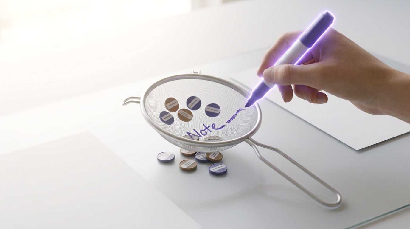 A simple sieve-style filter on a bright desk with eight small tokens above it, some passing through and some caught above the mesh, a hand-free marker caught noting which have real signed commercial deals versus roadmap claims only