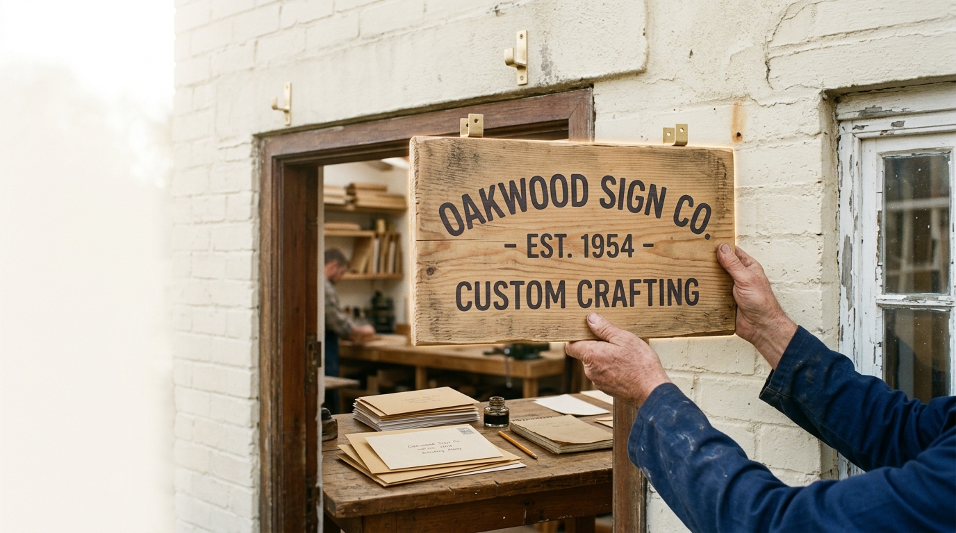 A plain hand-lettered company sign caught being hung above a workshop door in bright daylight, still a few inches from its final mounting position, a stack of resignation letters visible on a desk inside