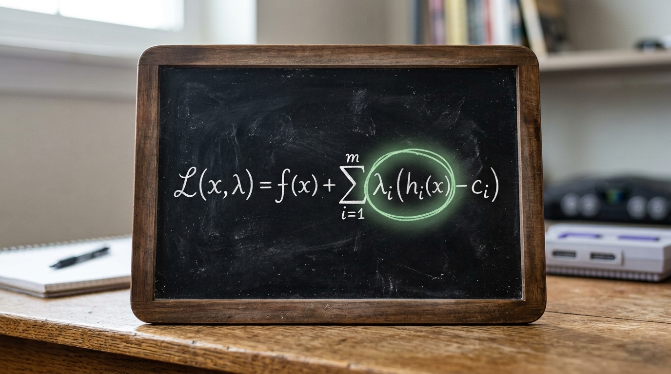 A small chalkboard propped against the shelf, a constrained optimization equation written across it in chalk, two of its variables circled together while a final term trails off mid-line uncompleted
