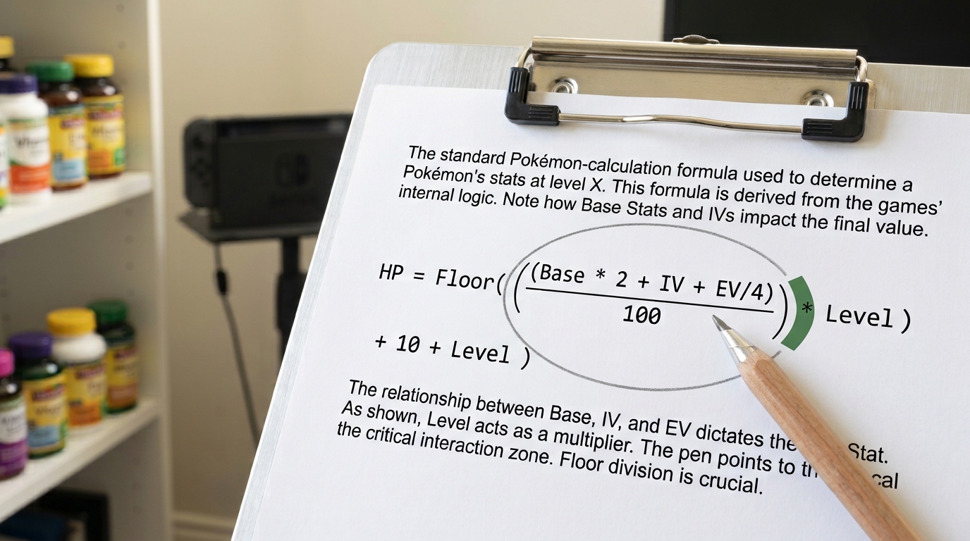 A clipboard on a desk holding a printed page of the stat-calculation formula, a capped pen resting diagonally across the floor-division term, a pencilled circle around part of the expression left unfinished on one side