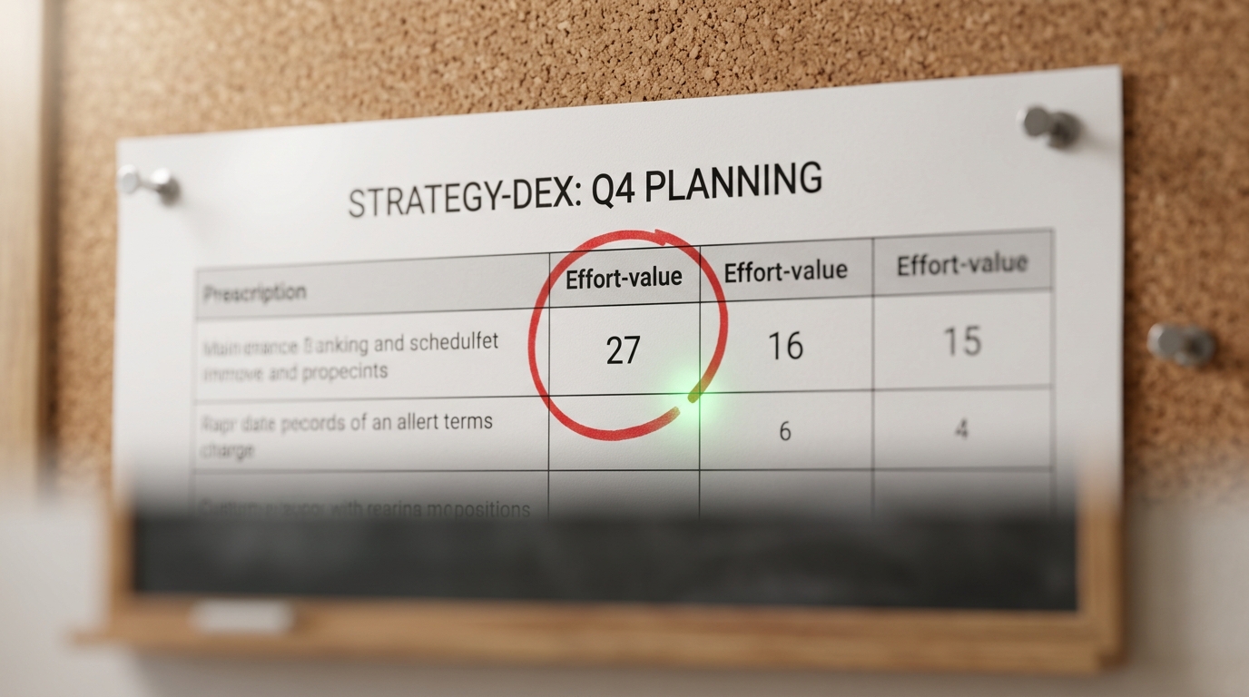 A printed strategy-dex page pinned to a corkboard above the desk, a red-pen circle drawn around one effort-value number on the page, the circle open on one side rather than closed