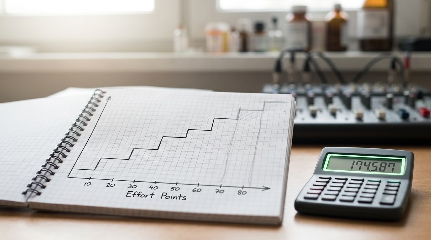 A spiral notebook open to a hand-drawn step-function graph of stat points against invested effort points, a calculator beside it with a number mid-entry on its display, the graph's final step not yet drawn in