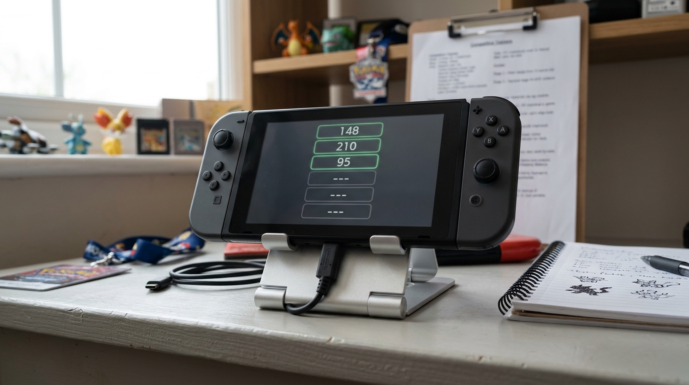 A handheld game console propped on a stand on a desk, its screen mid-refresh on a six-row stat readout, three of six numeric values already settled and three still blank