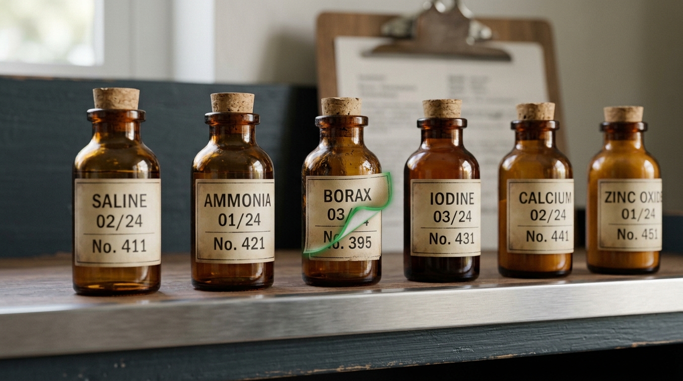 A shelf of six labelled apothecary-style bottles standing in a row on the practice-room desk, one bottle's cap sticker partly peeled back to reveal a different printed number underneath