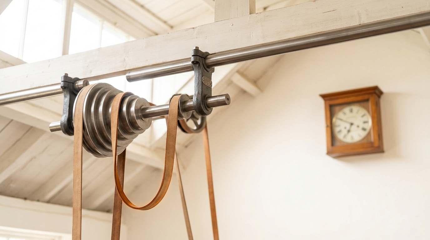 A countershaft hung below the main line shaft carrying a stepped cone pulley, a leather belt lifted clear of one step and hanging in the air between steps, a works clock in a locked case on the far wall behind