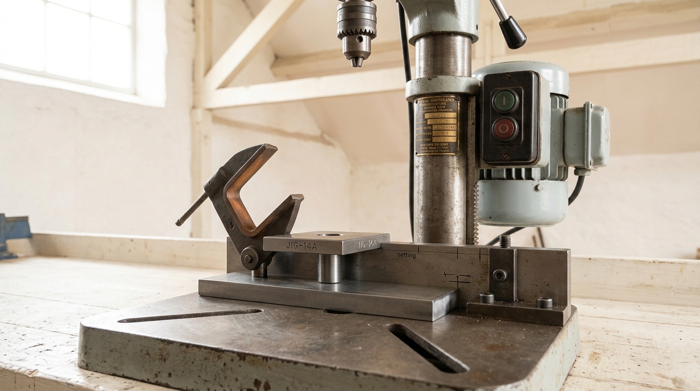 A numbered drilling jig clamped to the table of a bench drilling machine driven by its own motor on the column, a plain workpiece dropped in against two fixed stops with the swing clamp still standing open