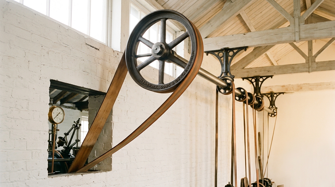 A wide flat leather drive belt rising through an opening in a whitewashed workshop wall onto the large pulley at the end of the line shaft, its slack side still bellying out as the drive comes on, a round steam pressure gauge glimpsed in the engine house beyond