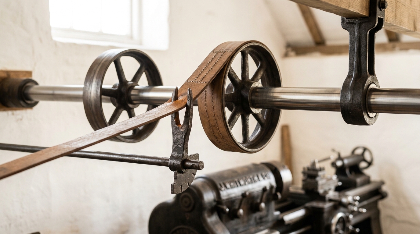 A close view of a paired fast and loose pulley on a steel shaft with a forged belt-shifter fork, the leather belt caught half on each pulley mid-shift, the shifter rod's notched quadrant standing beside it