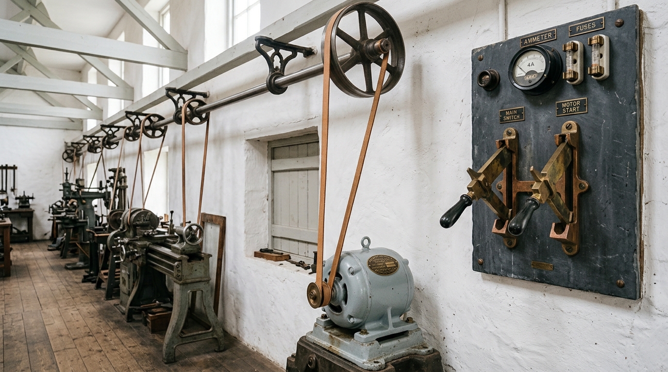 A group-drive electric motor belted to the head of a workshop line shaft, a slate switchboard above it carrying knife switches, fuses and a dial ammeter, the main switch caught half thrown