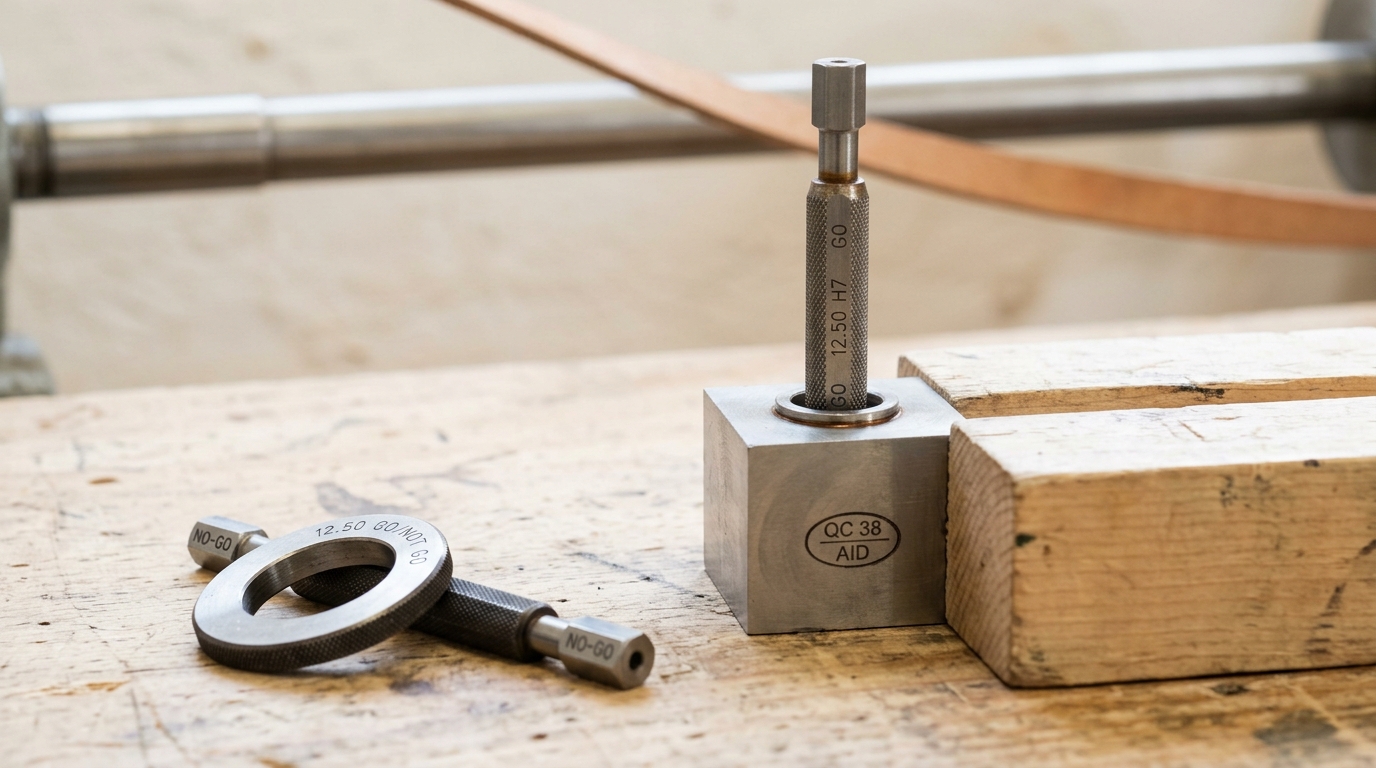 A double-ended go and no-go plug gauge caught partway into the bored hole of a small machined part on a workshop bench, its knurled band carrying a stamped size, a ring gauge and an inspection stamp lying beyond it