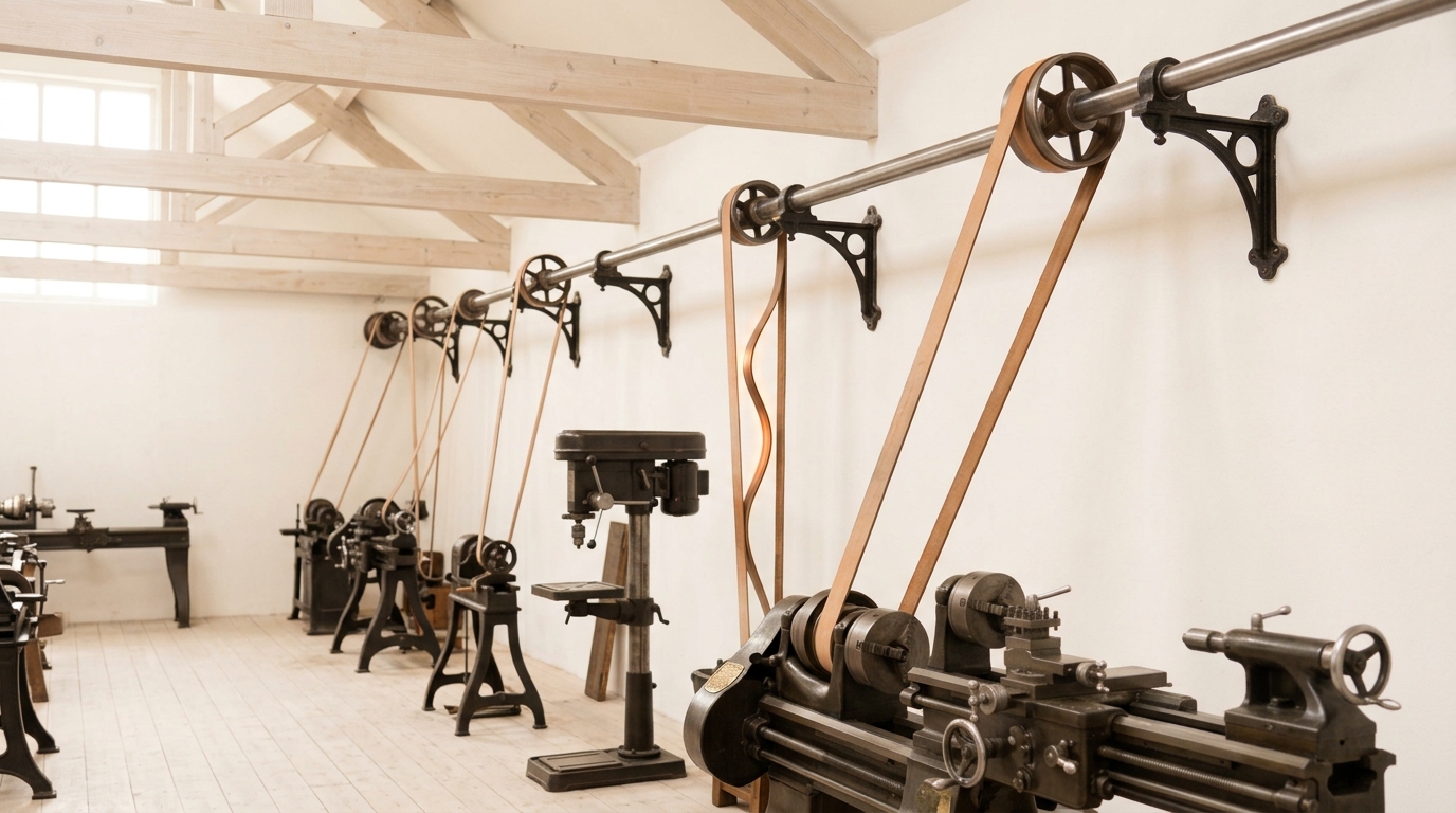 A bright whitewashed engineering shop with a polished steel shaft running its length on cast iron hangers, leather belts descending to idle lathes, one belt carrying a travelling wave that has not yet reached the top pulley, a cast maker's plate on the nearest headstock catching the light edge-on