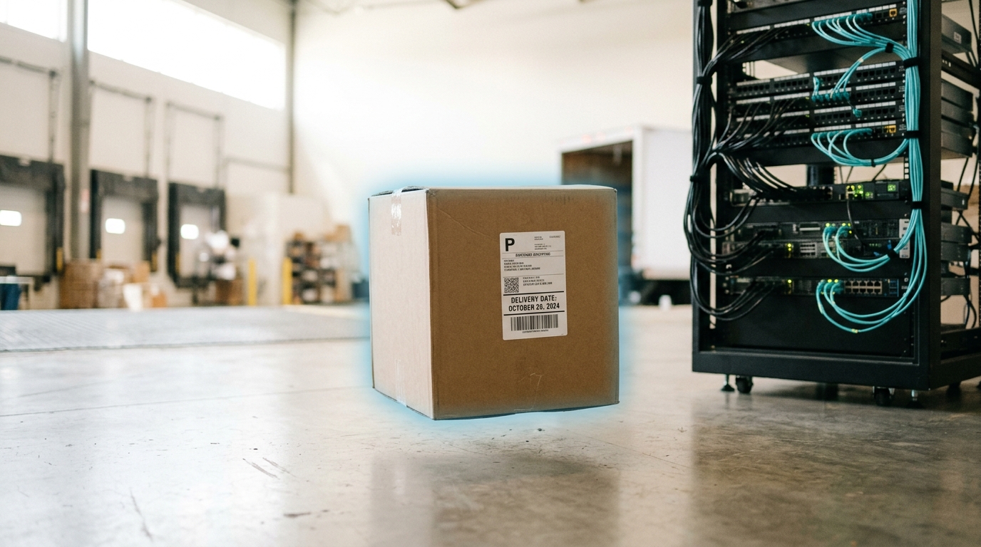 A shipment crate of fibre connectors on a bright loading dock with a plain shipping label showing a delivery date many weeks out, caught being set down beside an already-installed, fully cabled rack