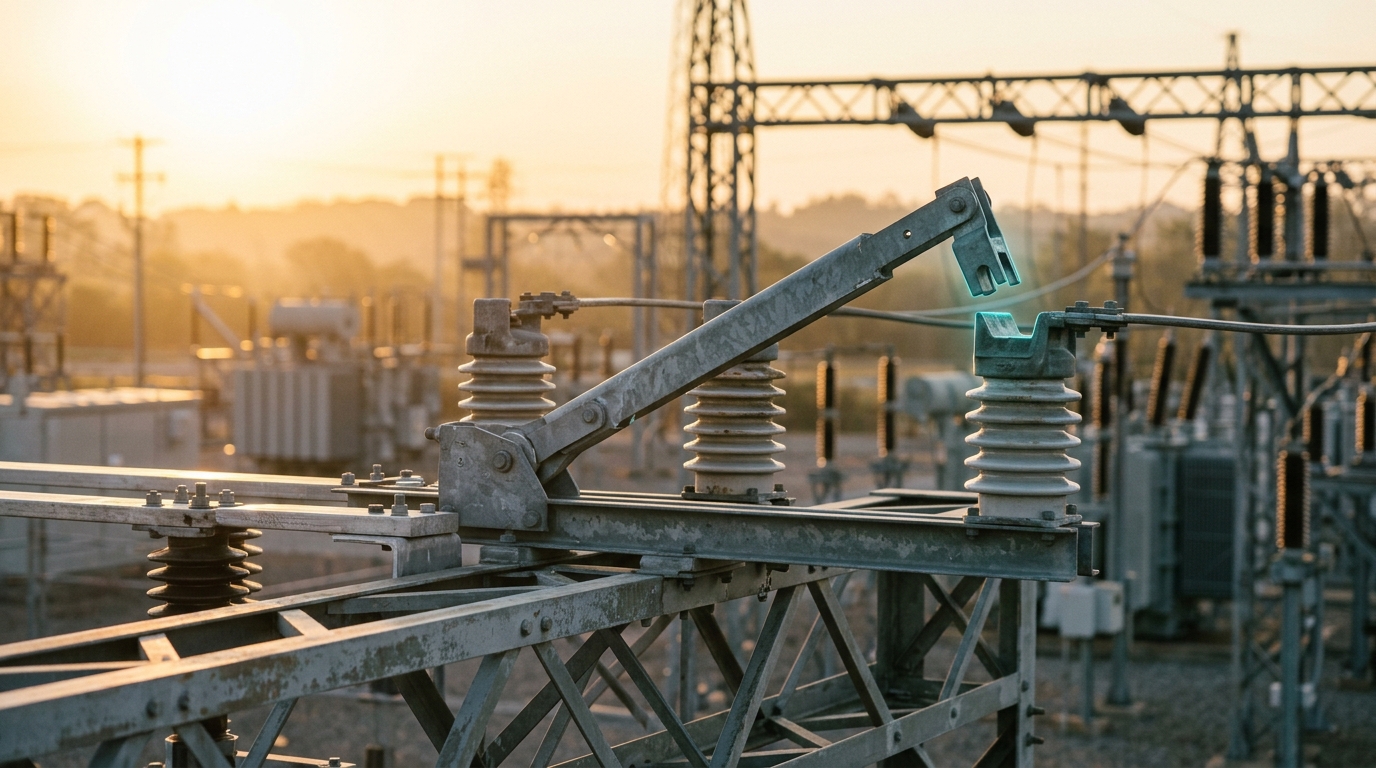 A manual high-voltage disconnect switch on a substation structure, its long blade caught mid-swing a few degrees short of its closed contact