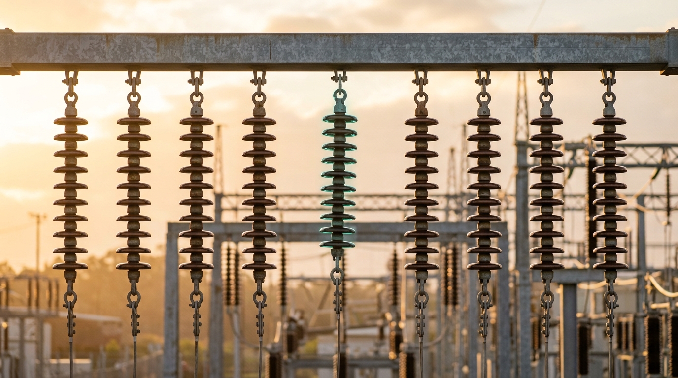 A row of ceramic insulator disc strings hanging from a gantry, most strings matching in length, one string visibly one disc shorter than its neighbors