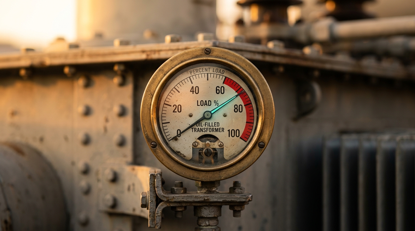 A close-up of an analog transformer load gauge with a red warning band near the top, its needle risen well into the working range but still clearly short of the red