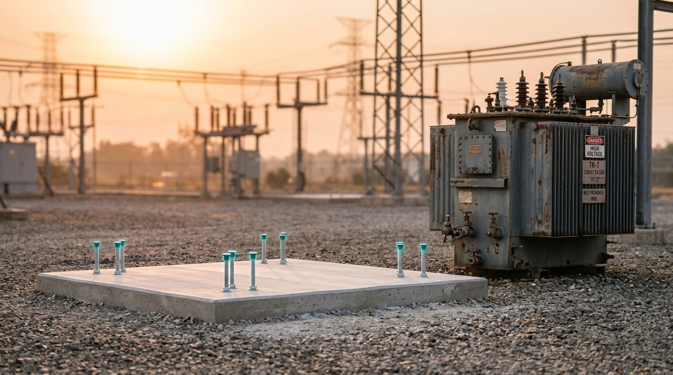 A freshly poured concrete foundation with new anchor bolts beside an older, weathered transformer already in service, no new unit yet set on the foundation