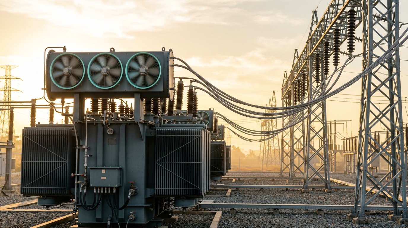 A high-voltage substation yard at golden hour, rows of insulator disc strings and a bank of oil-filled transformers under sagging conductor bundles, one transformer's cooling fans still spinning down