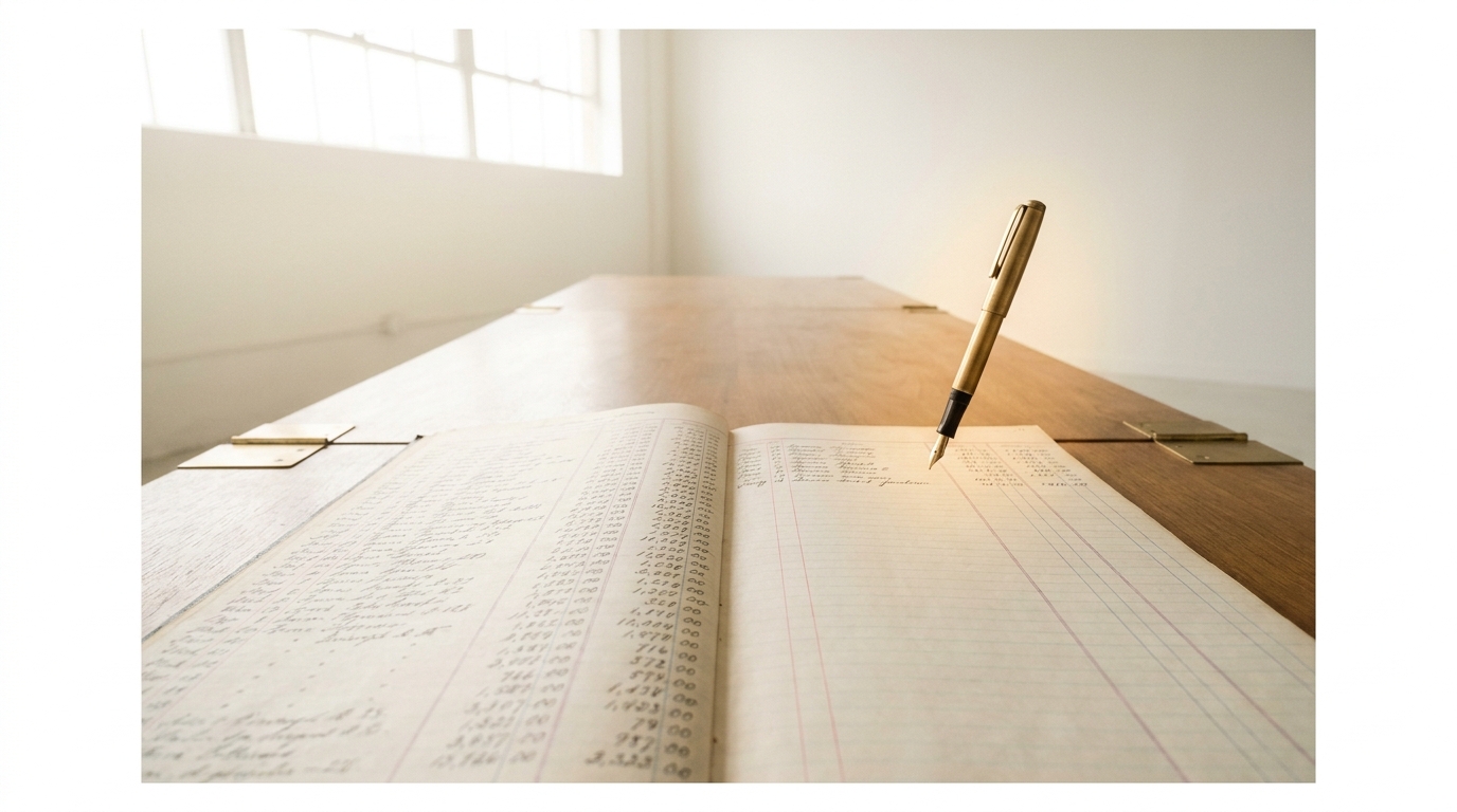 A single forecast document on a bright desk with a caveat label pinned beside it, a pen caught underlining the attribution line naming the specific forecaster rather than the headline figure