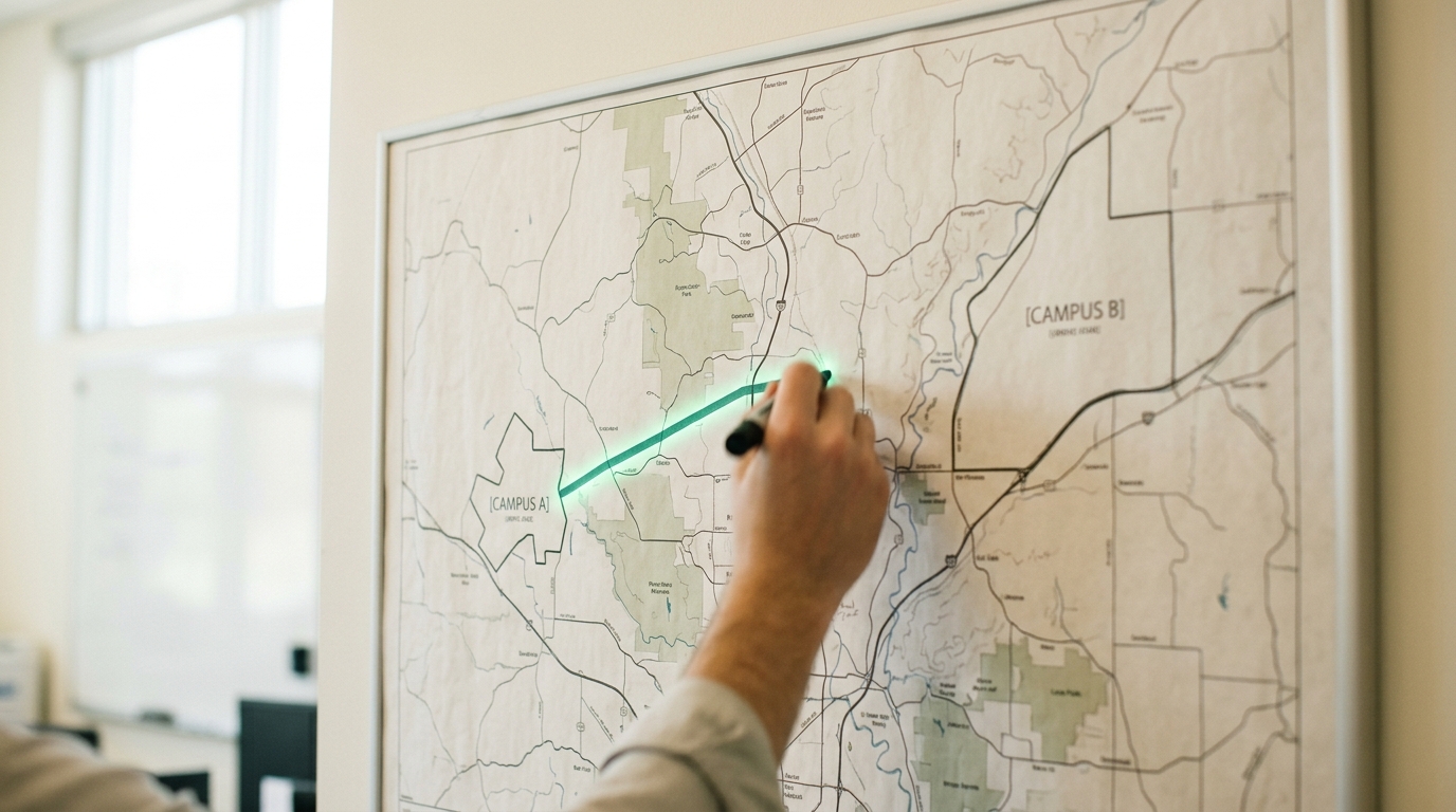 A large wall map showing a schematic mountain profile, a small marker positioned near its base, a measuring line caught being extended from the marker toward a much higher point far above, not yet reaching it