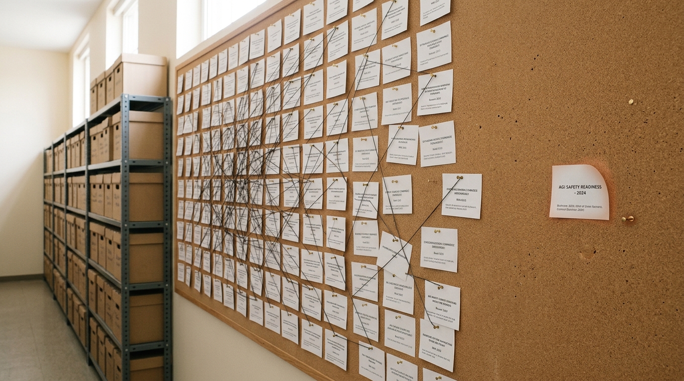 A small brass beam balance on a research bench, one pan holding a stack of printed benchmark scorecards and the other holding a handful of poker-chip-style outcome tokens, the beam caught tilted and still swinging