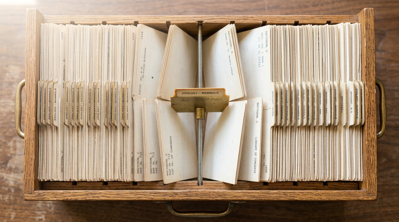 An open oak card-catalog drawer full of printed index cards, a brass divider tab caught lifted halfway out of its slot at the point where two sections meet, cards from each side leaning together across the gap