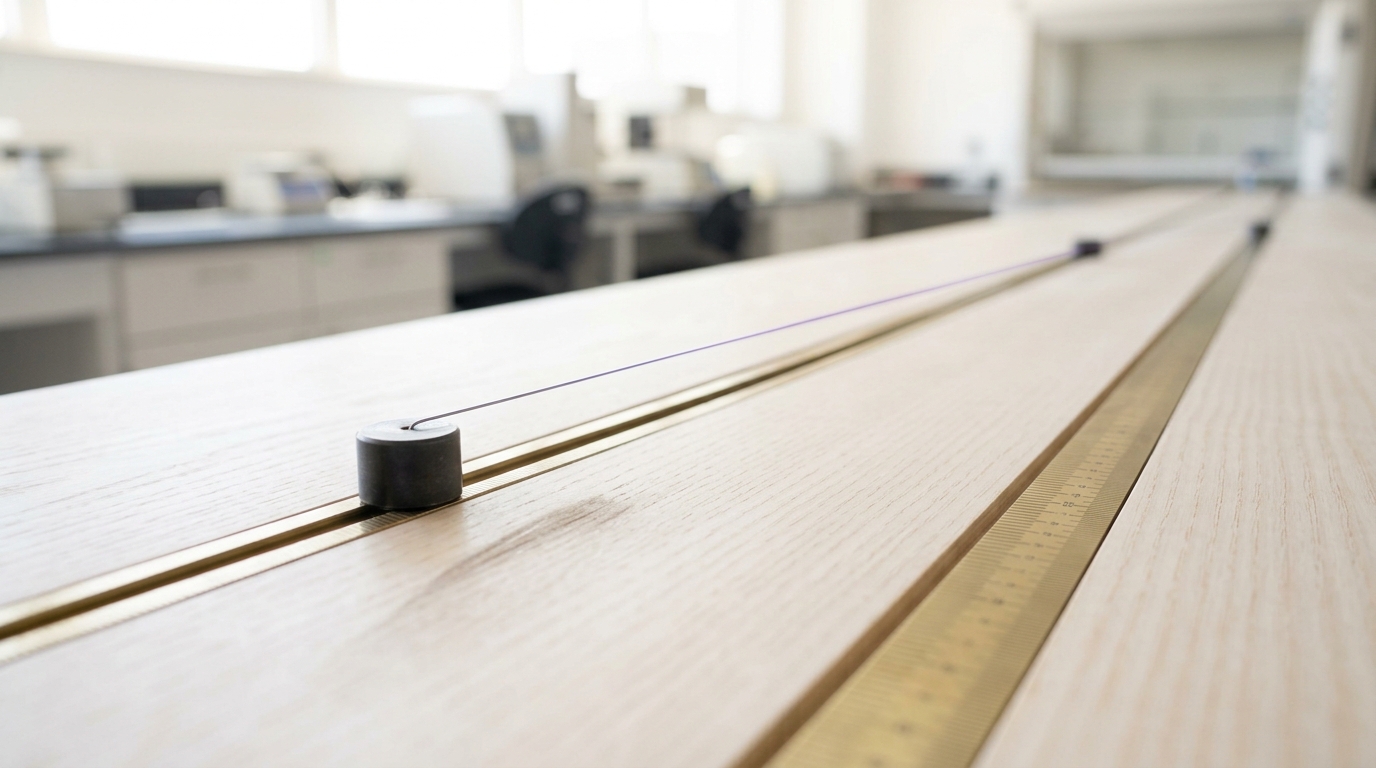 A bright competitive-intelligence research room with a long walnut capability-tracking bench in the foreground, a small frosted-acrylic puck caught mid-slide along its calibrated brass rail, and a brushed-steel market-positioning wall with four clusters of magnet-held cards beyond it