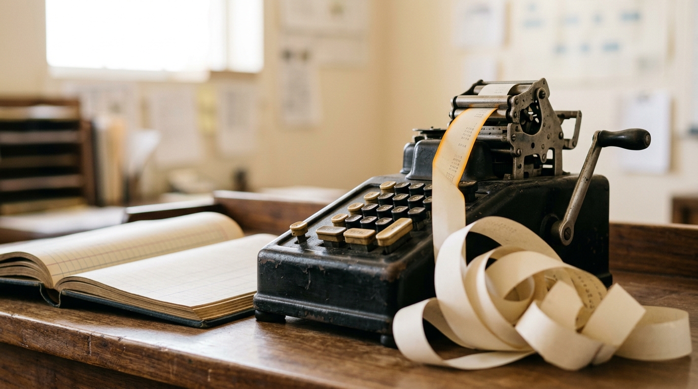 A mechanical adding machine on a research bench with a curl of paper tape spilling from its print head, the tape still feeding out and not yet torn off, a ledger book open beside it