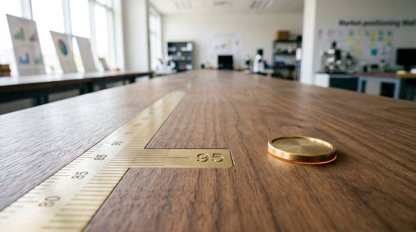 The far end of the capability-tracking bench's brass rail, its last graduation mark catching the light, and a single turned-brass token resting on bare walnut just beyond the rail's end, off the graduated length entirely