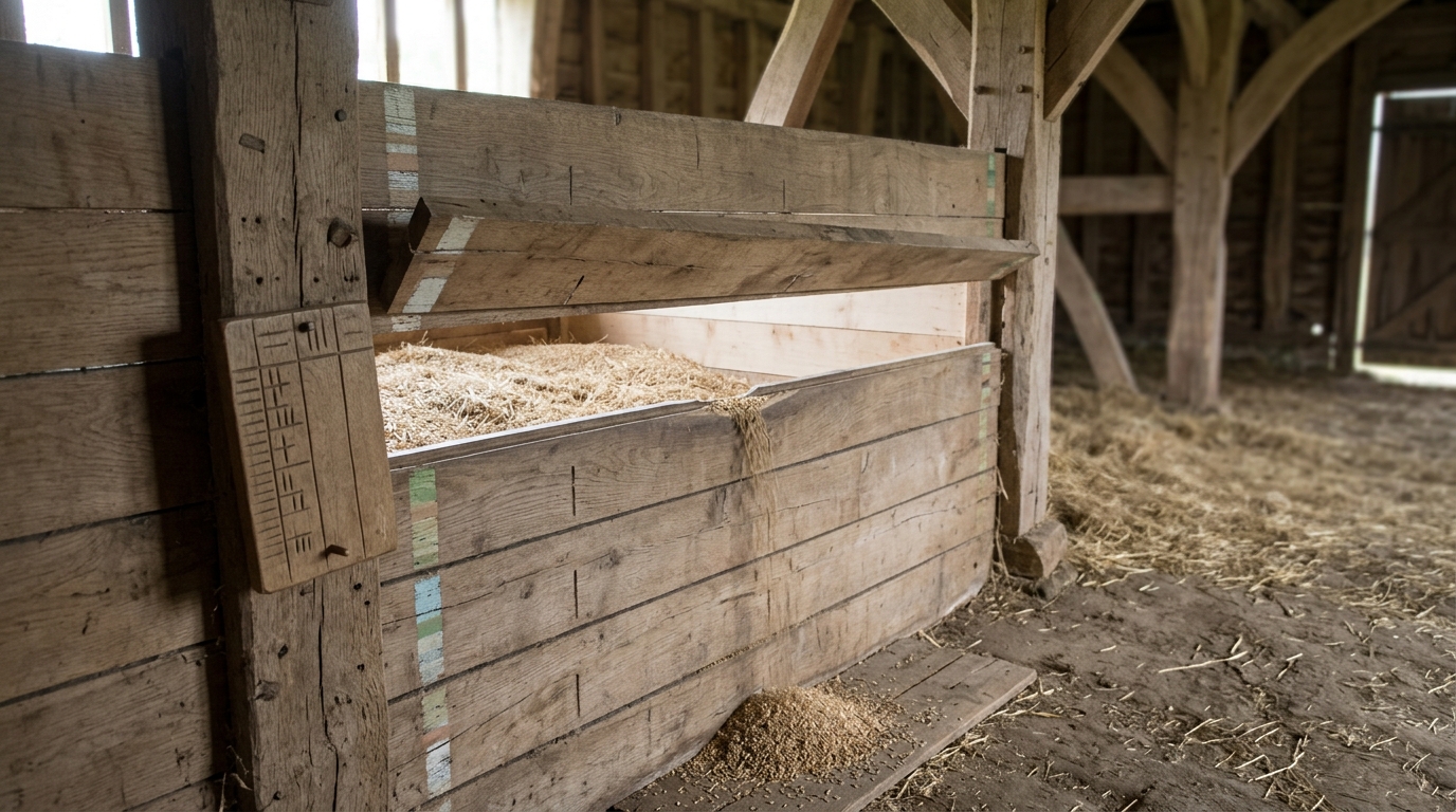 The boarded front of a tall grain bay in a barn with one marked board caught half out of its groove, showing the grain inside standing far below the depth mark cut into the post, a thin trickle still running from the lip, and a pegged tally board beside the post recording a quantity the bay does not hold