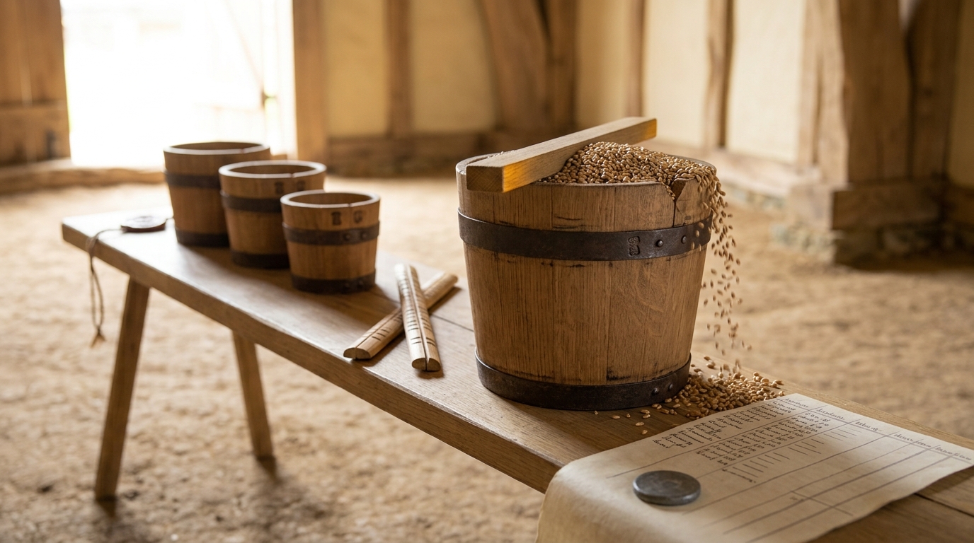 An iron-banded coopered bushel measure heaped with grain, its verification stamp and cut assize notch showing on the rim, a straight wooden strickle caught partway across with surplus grain still spilling over the side, beside split tally sticks and a parchment account roll ruled into columns of entries