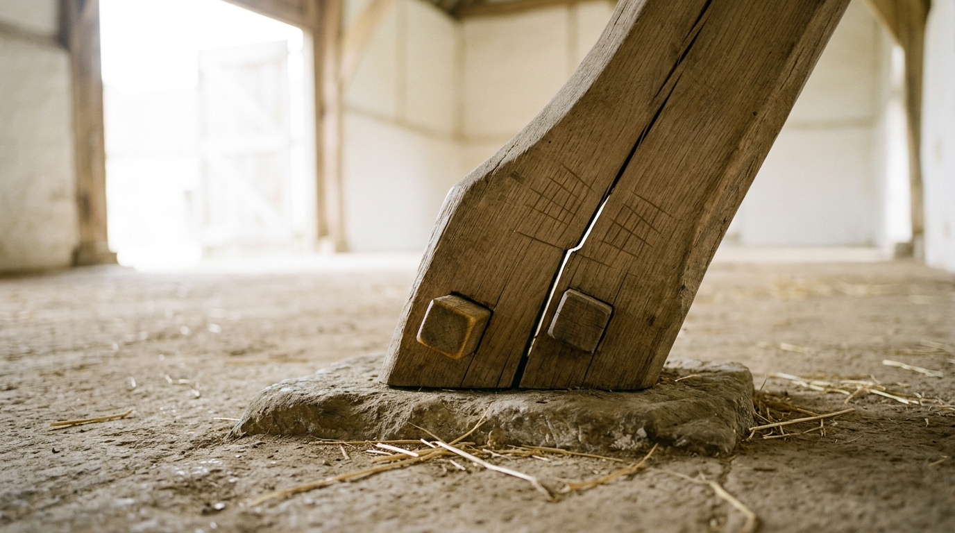 The foot of an oak cruck blade on its stone pad inside a barn, one square oak peg standing half drawn out of the pegged joint with a bright hairline opening at the shoulder, and scribed assembly numerals cut into the timber just above the joint