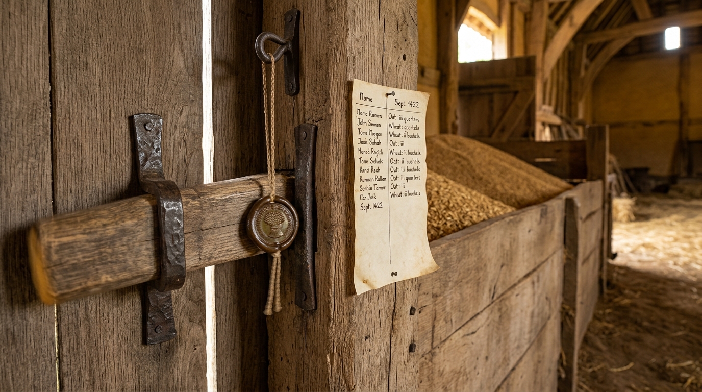 A heavy oak draw-bar caught just dropped into its forged iron keeps across the inside of a closed barn door, still rocking, a cord and fresh wax seal swinging from the staple beside it, with a plank-walled bay of grain filled to the brim behind