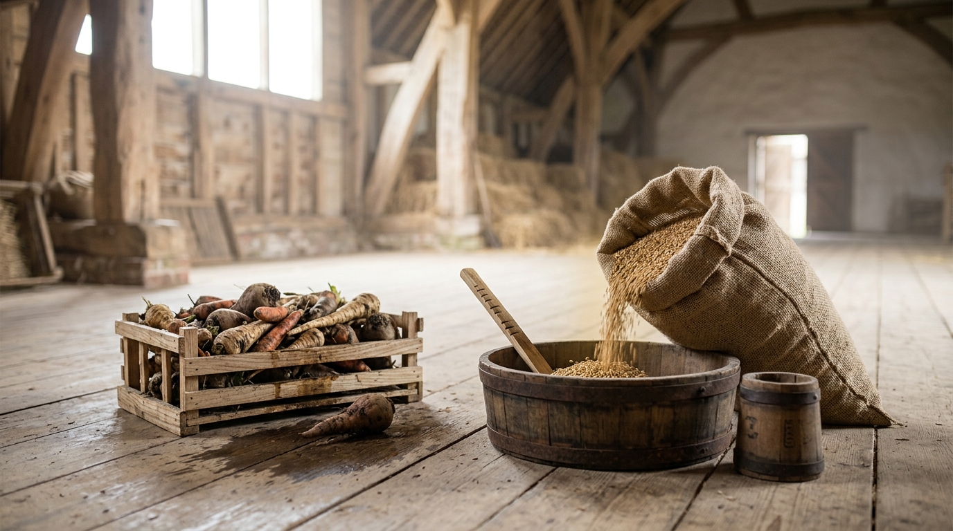 A tipped sack on a barn threshing floor with a thin unbroken thread of grain falling into a coopered tub, a notched tally stick and a small stamped measure set ready beside it, and a stride away a slatted crate of freshly lifted roots slumping over a spreading damp bloom on the planks with no measure or tally set out for it at all