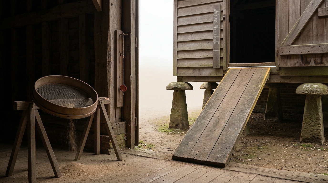 A small timber granary raised on mushroom-shaped staddle stones with its access plank caught leaning away from the threshold, a bright gap of daylight between them, a cord and wax seal hanging intact from the door hasp and a small ruled board of chalked strokes fixed beside the frame
