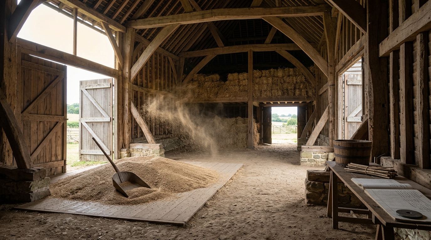 The interior of a great timber barn with opposed doors open, a plume of chaff caught in mid-air on the cross draught above a heap of threshed grain, and a trestle bench along the right wall carrying an iron-banded bushel measure, a bundle of notched tally sticks and an account roll weighted open at a ruled column