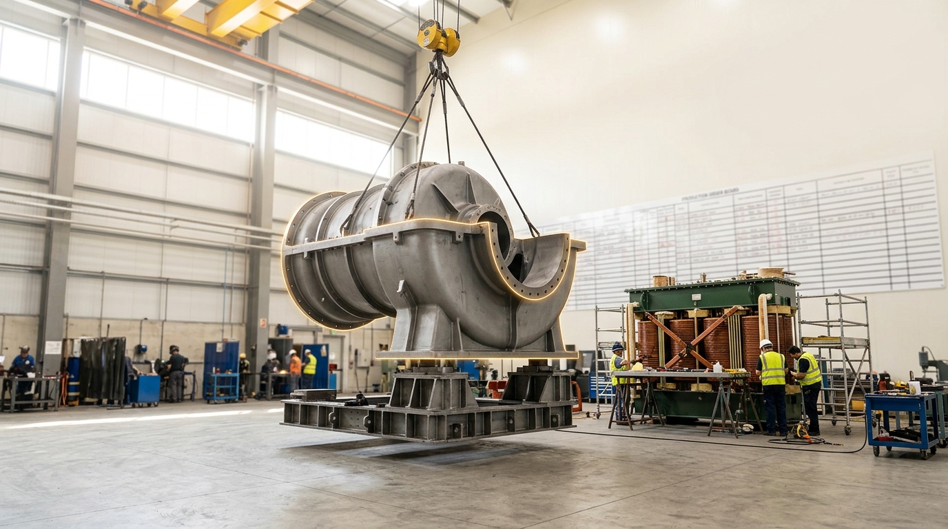 A large gas turbine and a large power transformer both mid-assembly on the same bright factory floor, an order board behind them showing rows of entries stretching into the far future