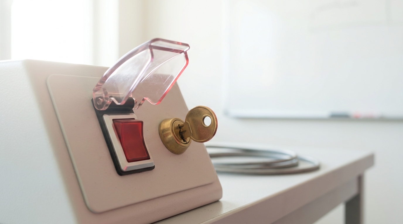 A small steel control panel with a red-guarded commit switch, its hinged clear cover lifted open and a brass key seated in the approval lock beside it but not yet turned