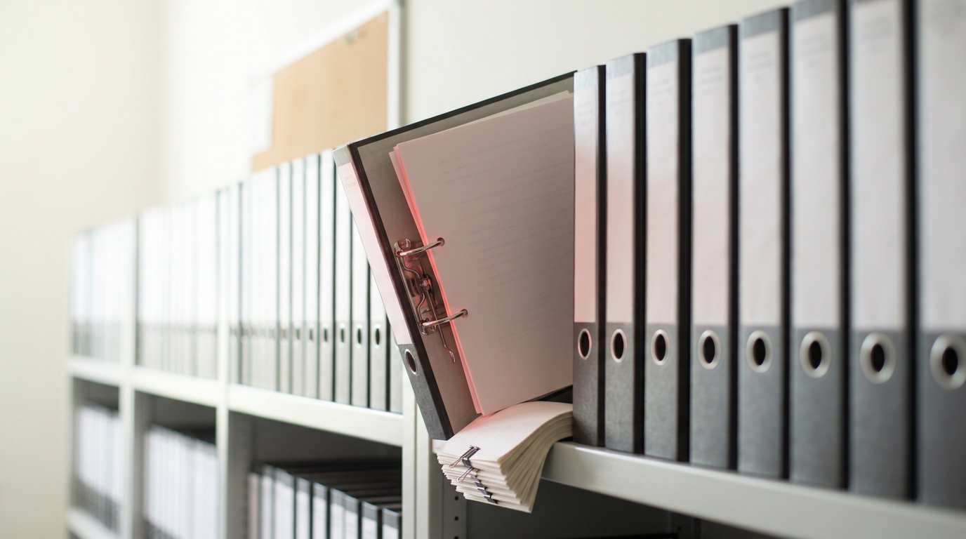 A ring binder pulled half off a shelf of identical binders, its rings sprung open on one loose page half threaded in while a thick offcut of earlier pages sits clipped and folded beside it