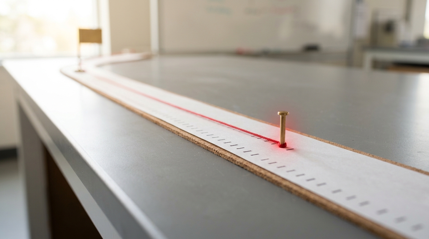A long printed action-trace tape running the length of a lab bench, most of it still unmarked, with a single length of red thread walked back from a reward flag at the far end to one specific step near the middle