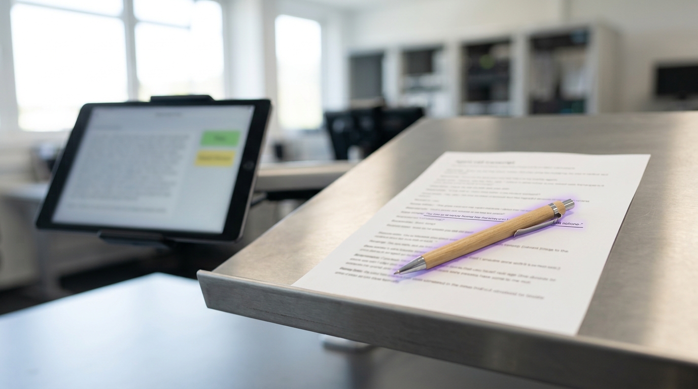 A scoring adjudication bench with an automated grader's terminal kept oblique beside a printed transcript excerpt, a reviewer's pen resting on one underlined line where the two verdicts disagree