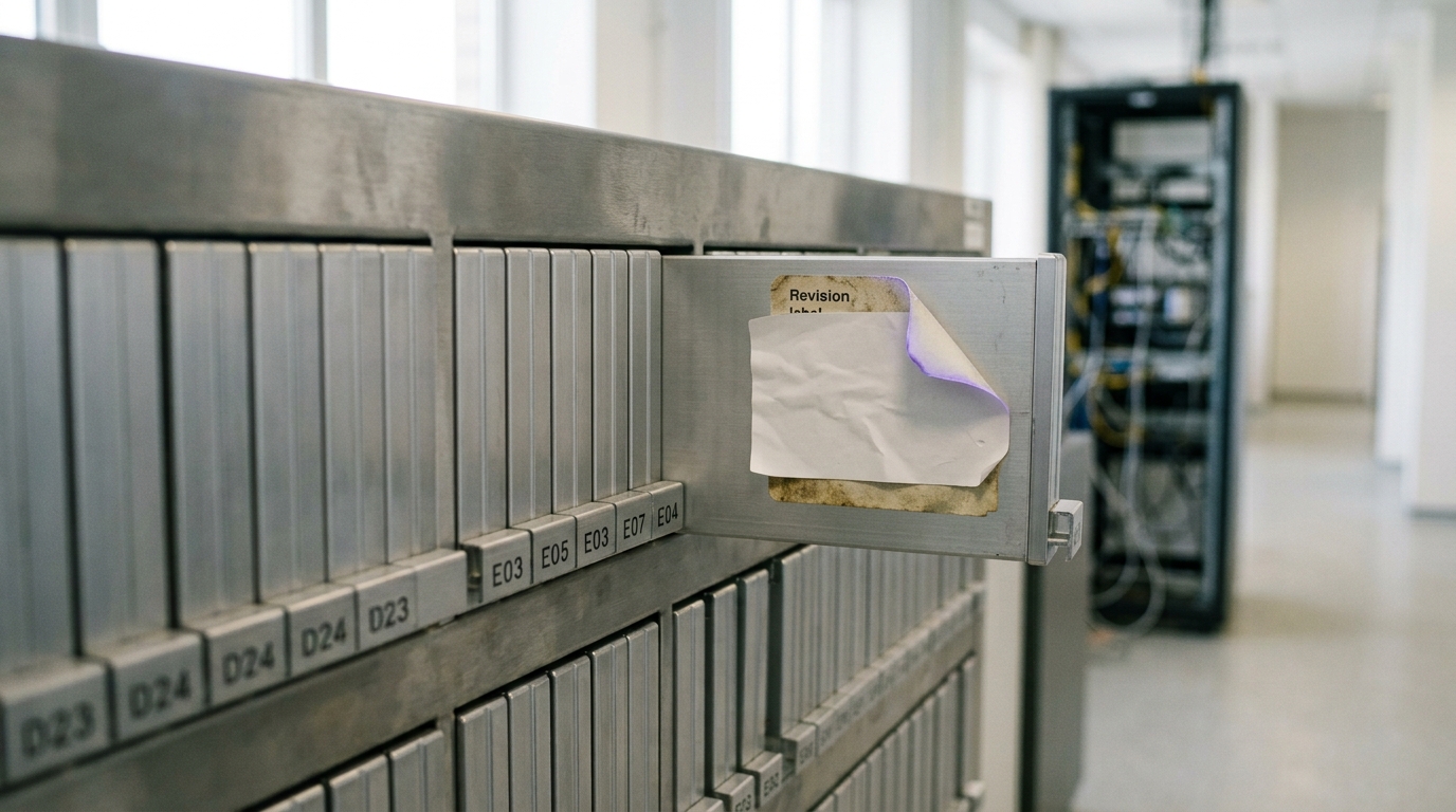 A cabinet of swappable environment-image storage modules with one module caught part-way into its re-imaging bay, its old revision label half-peeled and a new label not yet fully applied