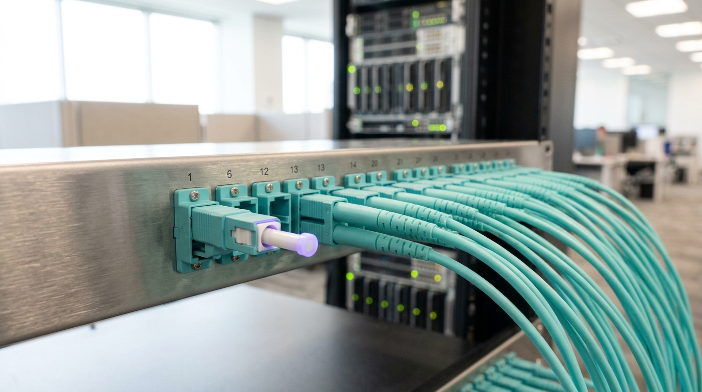 A network isolation patch panel with one fibre trunk connector caught part-way clear of its port, ferrule still just inside the sleeve, ahead of a held-out evaluation run