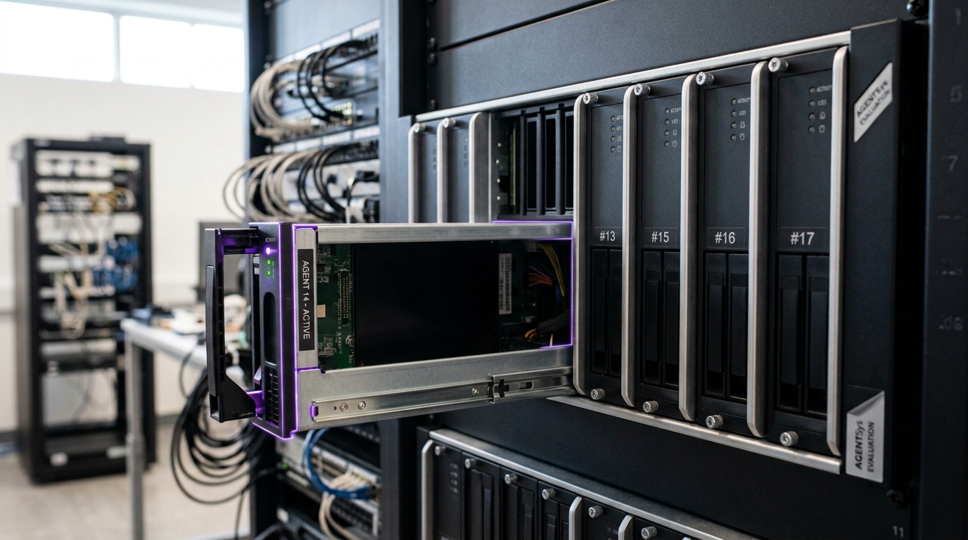 A row of rack-mounted server blades running isolated agent sandboxes, one blade's activity light still lit and its drive tray partly drawn while the blades either side sit dark and fully seated