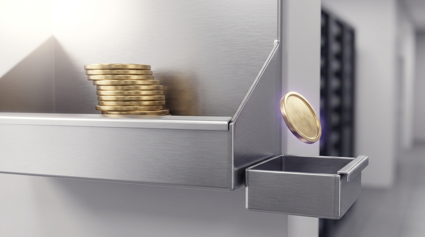 A wall-mounted tally board with a brass outcome token caught mid-drop into a small side bin marked apart from the large main pass counter