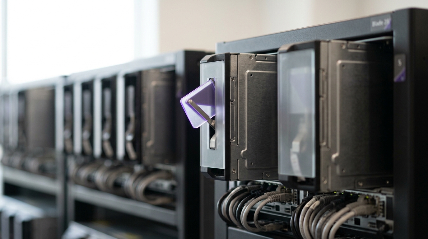 Two identically configured server blades side by side, their outcome lights caught mid-latch on different colours for what was the same task and the same starting state